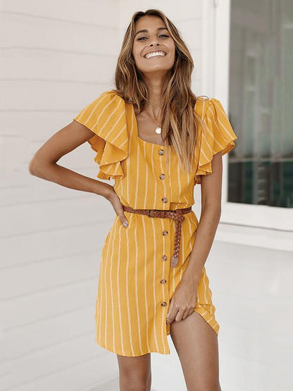 Square Collar Casual Stripped Mini Dress