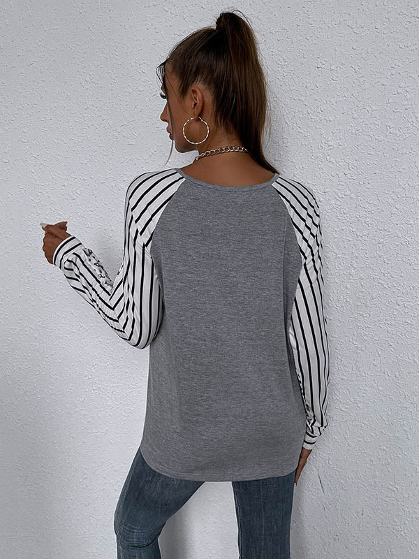 Stylish V-Neck Leopard Striped Split-Joint Raglan Sleeve T-Shirts
