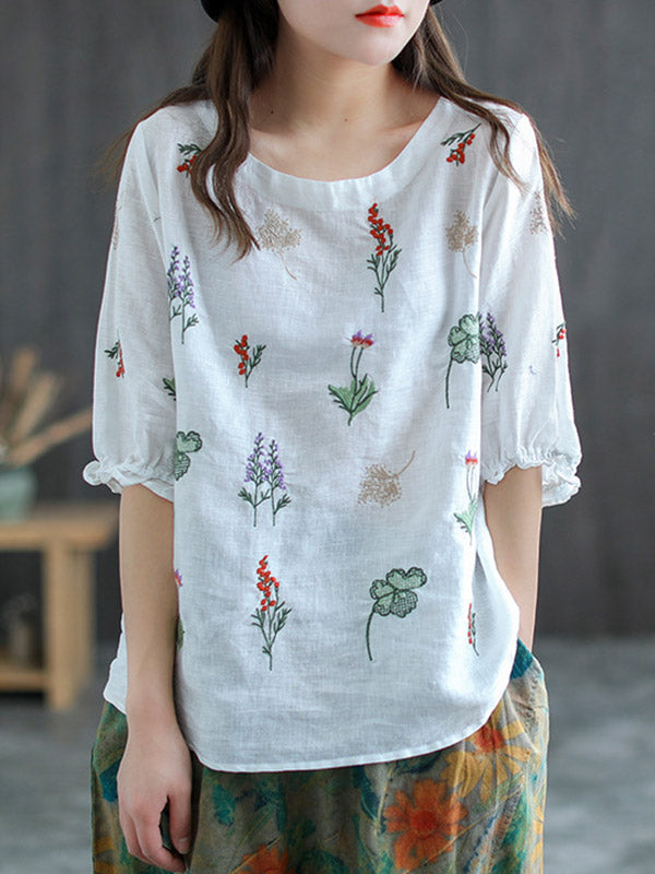 Ramie Cotton Embroidered Round-Neck Short Sleeve T-Shirts Tops