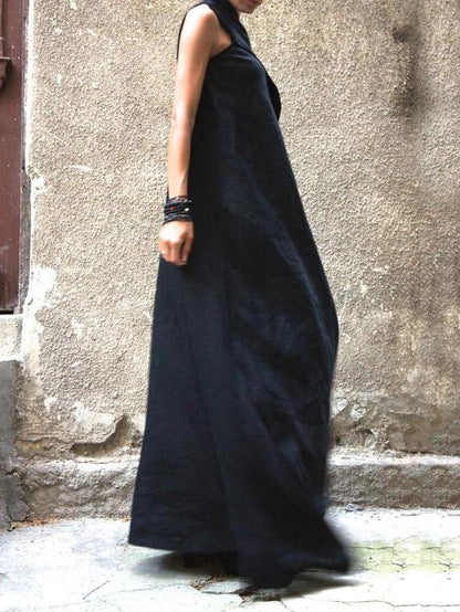 Navy Blue Split-joint Sleeveless Linen Dress