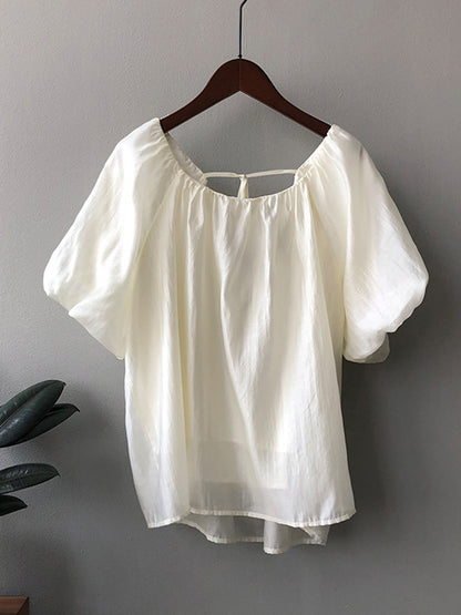 Urban Loose Solid Color Puff Sleeves Off-The-Shoulder T-Shirt