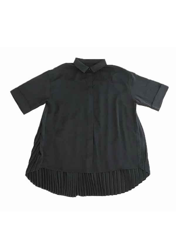 Stylish Solid Color High-Low Pleated Split-Joint Half Sleeves Blouse