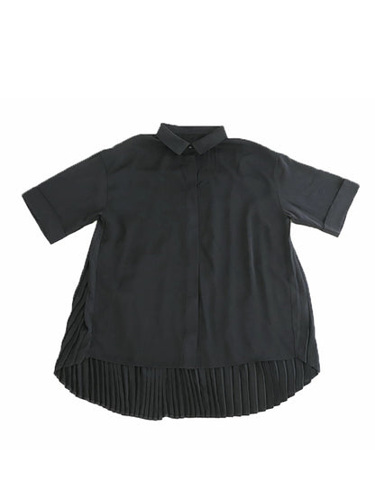 Stylish Solid Color High-Low Pleated Split-Joint Half Sleeves Blouse
