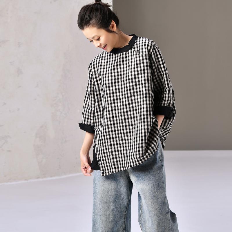 Buykud Retro Plaid Spliced Comfortable Pullover Blouse