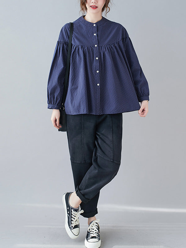 Casual Polka-Dot Buttoned Pleated Lapel Collar Long Sleeves Blouse