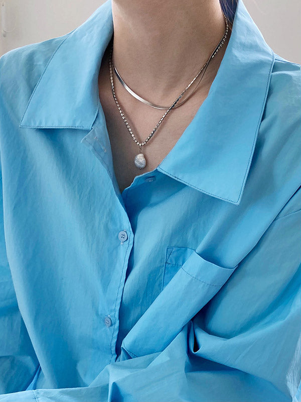 Simple Solid Color Split-Joint With Pocket Buttoned Lapel Collar Long Sleeves Blouse