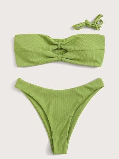 Solid Color Hollow Split Bikini Swimsuit
