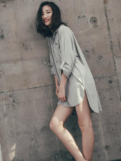 Leisure Solid Lapel Shirt Dress Pajama