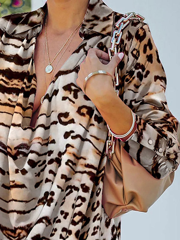 Stylish Pleated Leopard Lapel Collar Long Sleeves Mini Dress