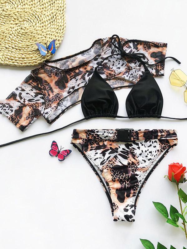 Sexy Net Yarn Leopard-Print Three-Piece Swimsuit