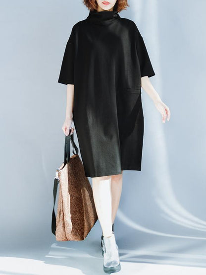 Solid Loose High-neck Half Sleeves Dress