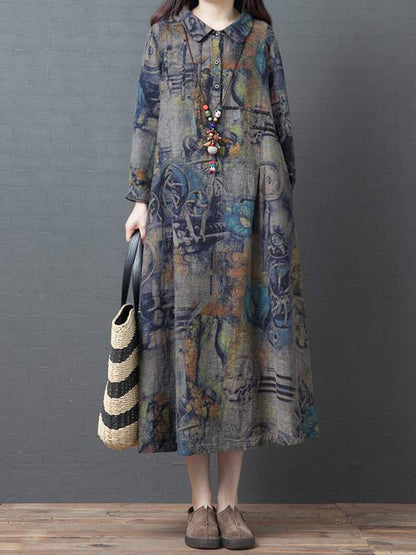 Vintage Buttoned Printed Ramie Cotton Lapel Long Sleeves Midi Dress