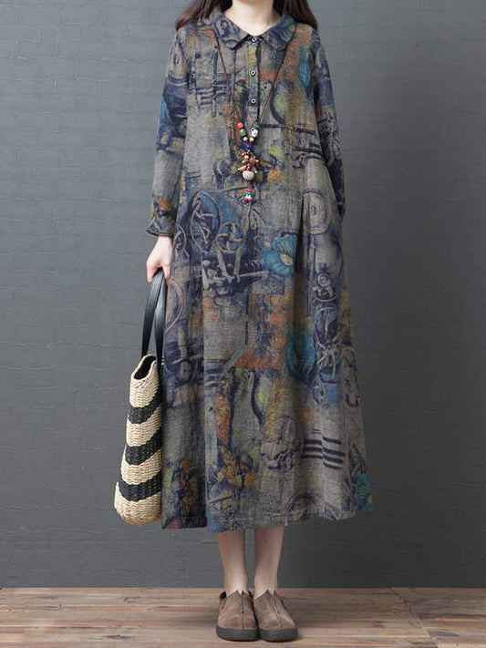 Vintage Buttoned Printed Ramie Cotton Lapel Long Sleeves Midi Dress