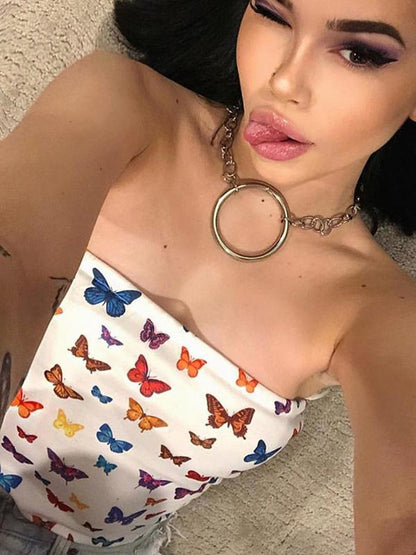 Butterfly Printed Off Shouler Tees