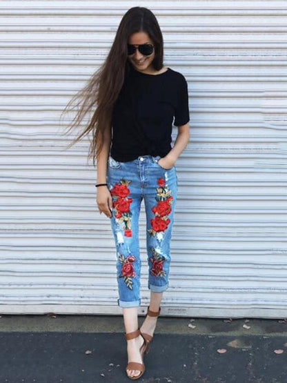 Pretty Embroidered Jean Pants Bottoms