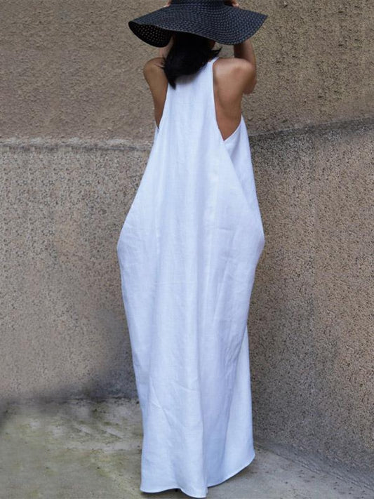 Loose White Sleeveless V-neck Long Dress
