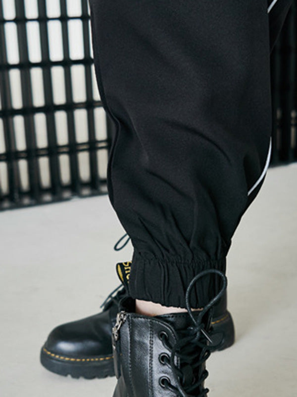 Cool Street Loose High-Waist Zipper Reflective Stripe Lapel Collar Long Sleeves Wide Leg Jumpsuits