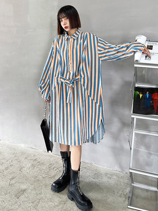 Original Stylish Striped Contrast Color Tied Buttoned Split-Side Lapel Collar Long Sleeves Midi Shirt Dress
