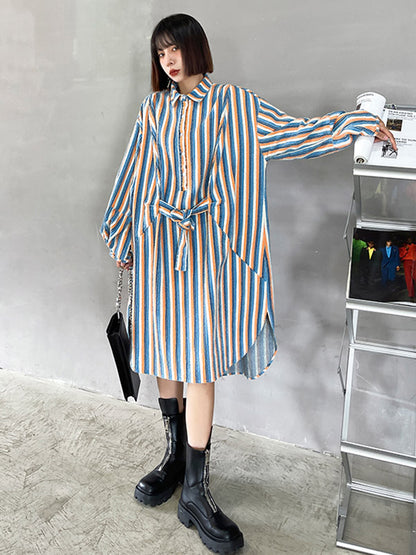 Original Stylish Striped Contrast Color Tied Buttoned Split-Side Lapel Collar Long Sleeves Midi Shirt Dress