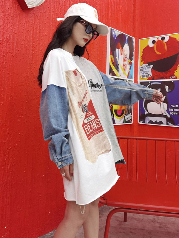Stylish Contrast Color Letter Printed Round-Neck Batwing Sleeve Sweatshirts