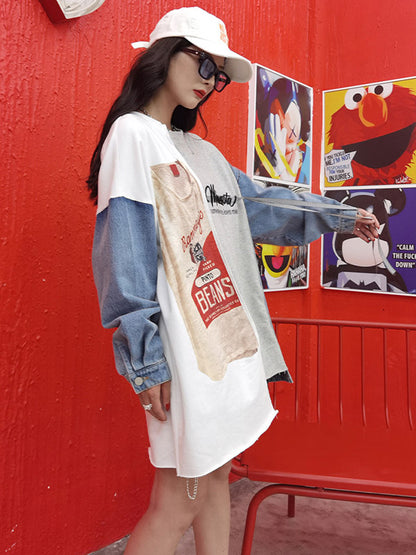 Stylish Contrast Color Letter Printed Round-Neck Batwing Sleeve Sweatshirts