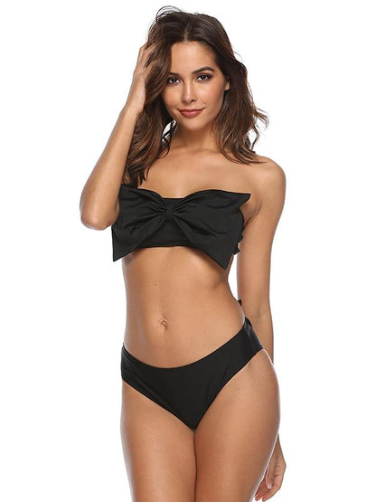 Strapless Bow-embellished Plain Bikini Set