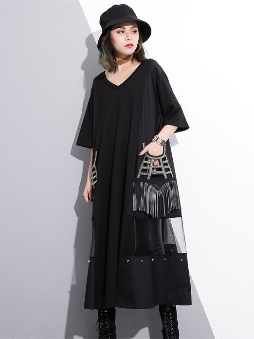 V-neck Split-joint Tasseled Shirt Midi Dresses