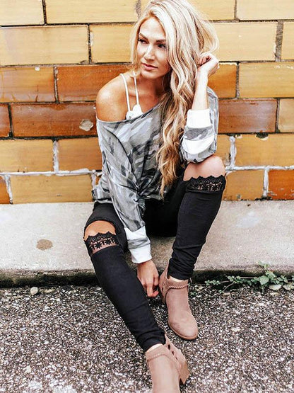 Split-joint Lace Hollow Solid Leggings