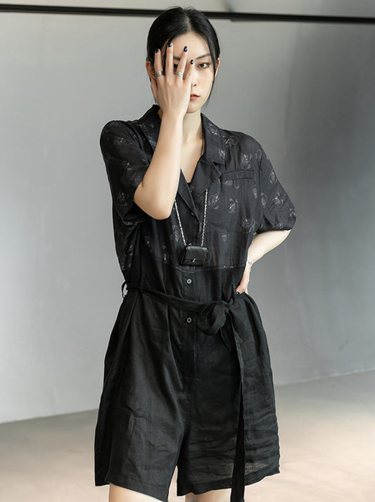 Urban Black Linen Printed Notched Collar Rompers