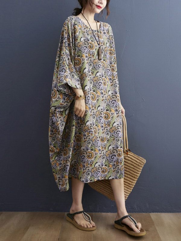 Loose National Floral Printed Round-Neck Batwing Sleeves Midi Dress