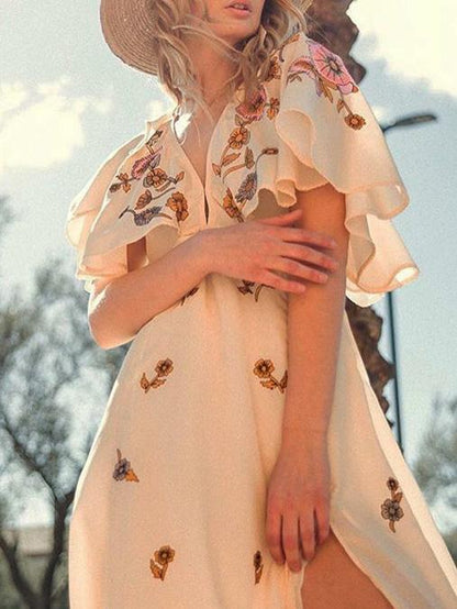 Floral Falbala Sleeves V-neck Maxi Dress