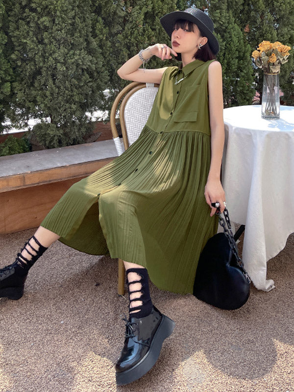 Fashion Split-Joint Pleated Sleeveless Lapel H-Line Midi Dress
