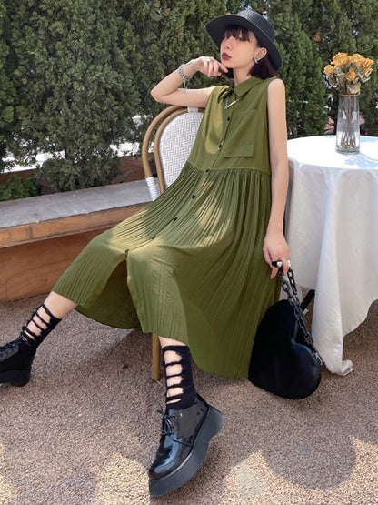 Fashion Split-Joint Pleated Sleeveless Lapel H-Line Midi Dress