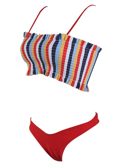 Striped Top Smocked Bikini Set