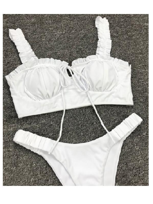 Sexy Square-Neck Pleat Bandage Solid Color Bikini Swimwear