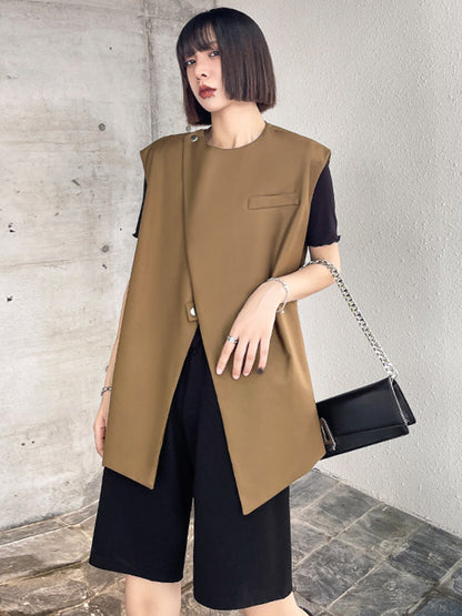 Urban Irregular Solid Color Buttoned Round-Neck Sleeveless Vest Outwear