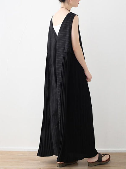 Black Striped Split-joint Ruffled Sleeveless Jumpsuits