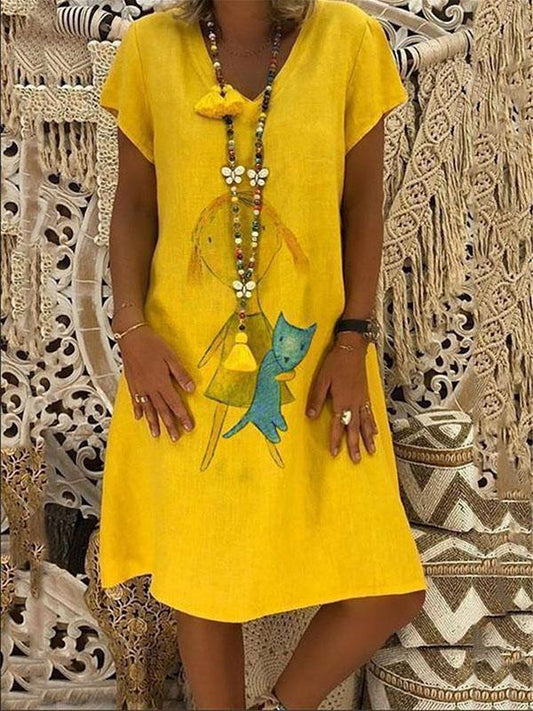 Loose V-neck Short Sleeve Midi Dress