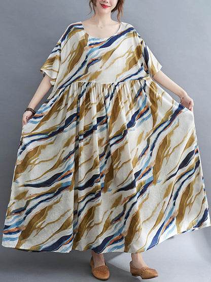 Vintage Loose Printed Split-Joint Pleated Half Sleeves Maxi Dress