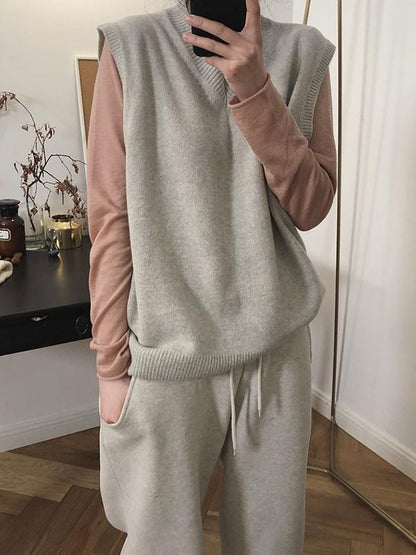 V-neck Knitting Loose Solid Shirt Top