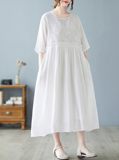 Artistic Retro Loose Solid Color Embroidered Drawstring Midi Dress