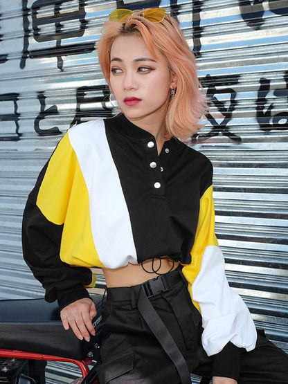 Long Sleeve Color-Block Crop Sweatershirts