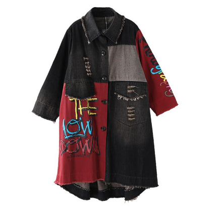 Buykud Letter Printed Hole Burr Casual Denim Dress