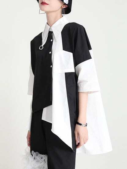 Urban Split-Joint Buttoned Asymmetric Lapel Blouses