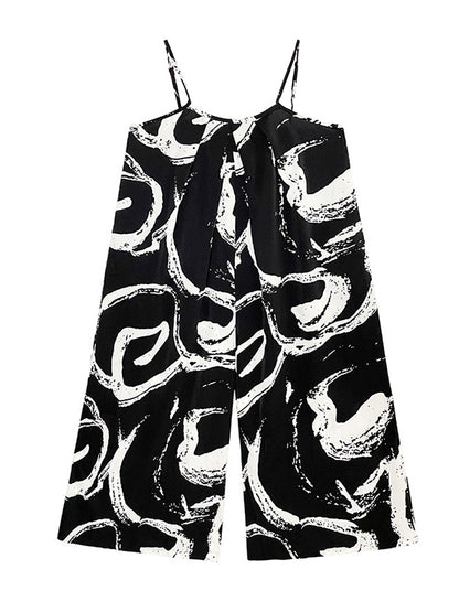 Stylish Loose Black Printed Spaghetti-Neck Wide Leg Jumpsuits