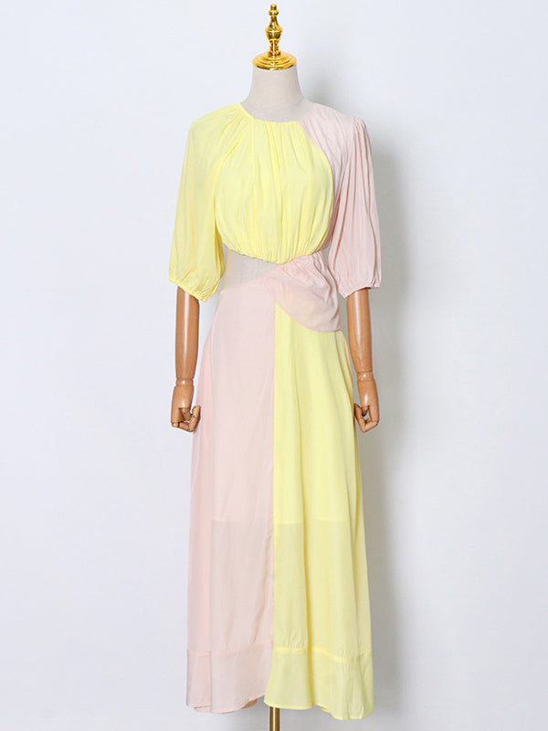 Stylish Contrast Color Split-Joint Round-Neck Raglan Sleeve Maxi Dress