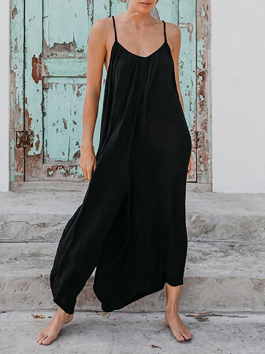 Solid Loose Bohemia Cross-strap Jumpsuits