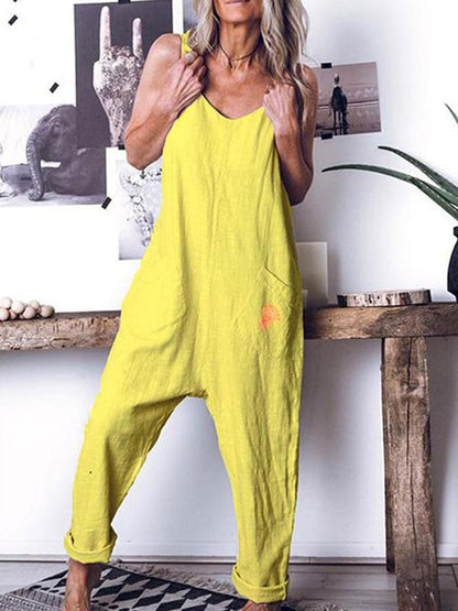 Loose High-waist Sleeveless Pockets Jumpsuit