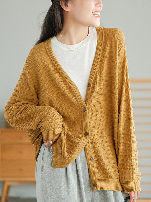Casual Solid Color Buttoned V-Neck Long Sleeves Jacquard Knitted Cardigan