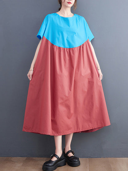 Original Loose Contrast Color Pleated Midi Dress